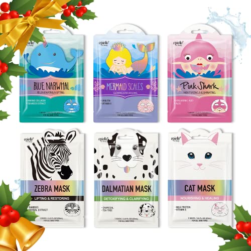 Epielle Character Sheet Masks | Animal Spa Mask | Dalmatian, Zebra, Cat, Shark, Narwhal, Mermaid Scale | Korean Beauty Mask -For All Skin Types, (Pack of 6) | Birthday Gift, Spa Day, | Halloween Party Favors | Stocking Stuffers