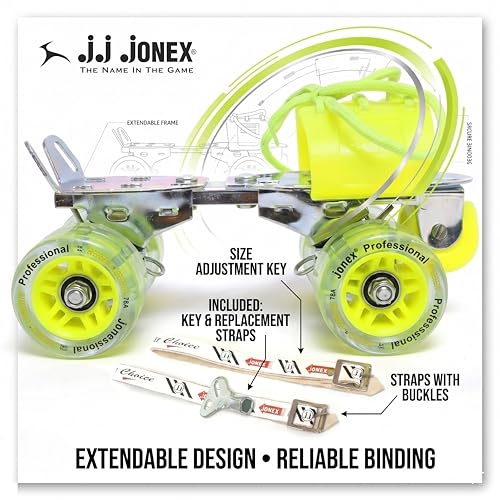 Image of Jonex Unisex Professional Adjustable Quad Roller Skates for Youth and Adult (7-18 Years), Indoor Outdoor Wheels, Metal Body, 65 mm Wheels, Color - Yellow