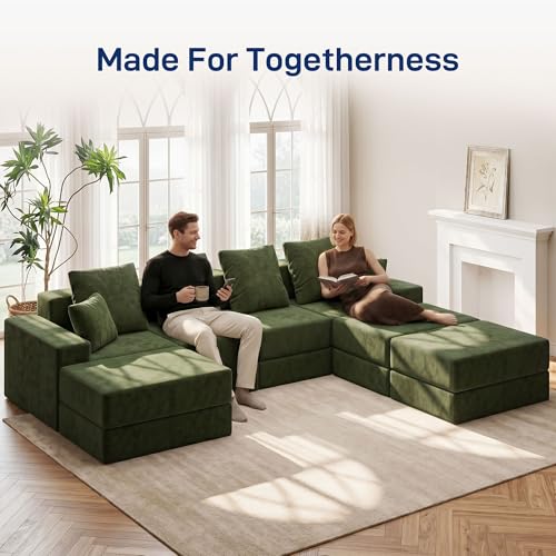 Image of Living&Giving 128 inch U-Shaped Cloud Sectional Couch for Living Room, Cloud Boneless Couch-No Assembly with Reversible Chaise, Customizable 4-Seat Modular Sectional Sofa with 3 Ottoman, Green