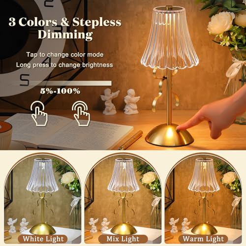 Image of Liliful 2 Pcs Cordless Table Lamp Rechargeable Touch LED Small Gold Portable Battery Operated USB-c Desk Lamp 3 Color Dimmable for Bedroom Living Room Dining (Gold,Bow Rose Style)