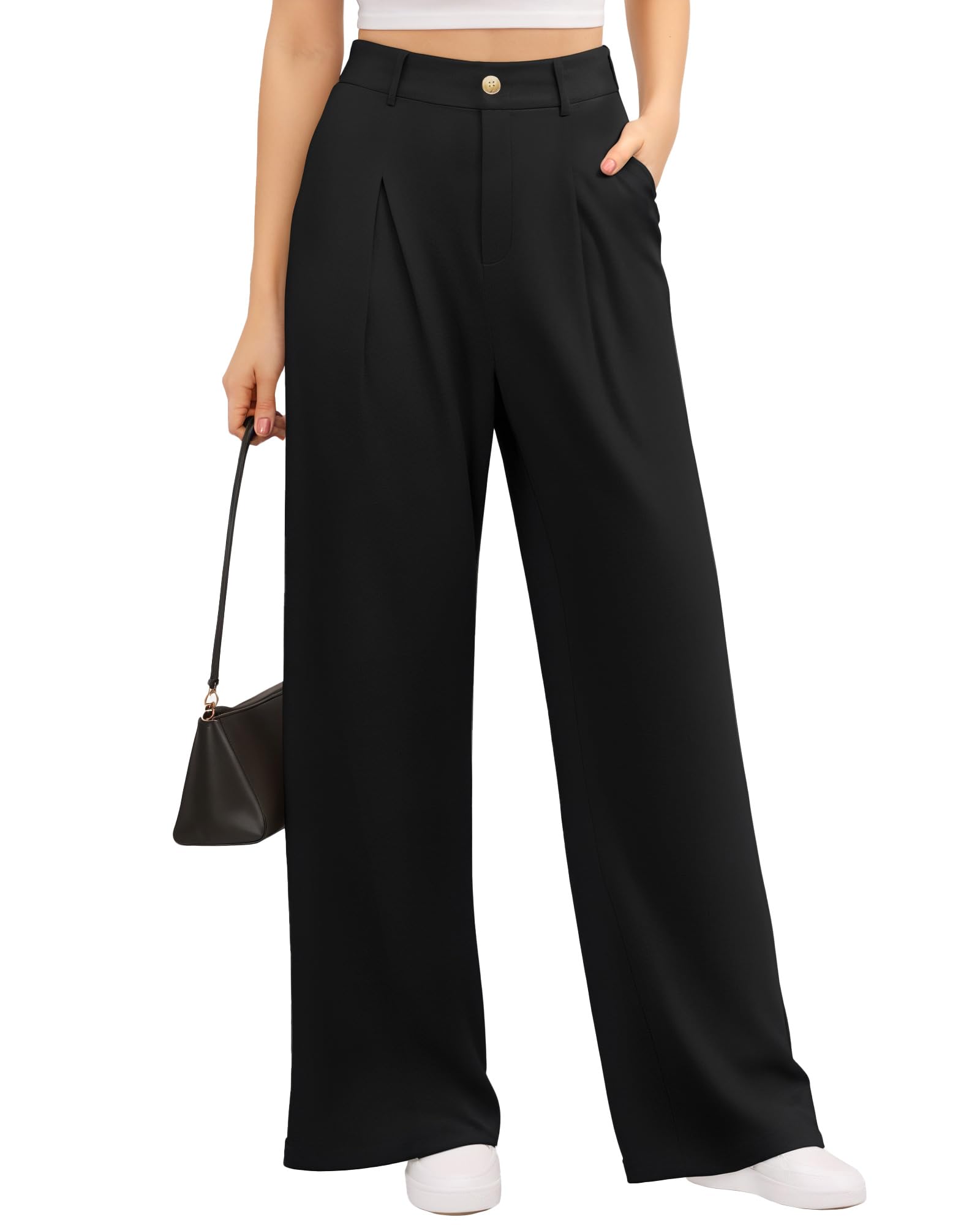 CLOZOZ Womens High Waist Straight Leg Casual Pants Stretchy Faux Front Waffle Knit Wide Leg Dressy Pant