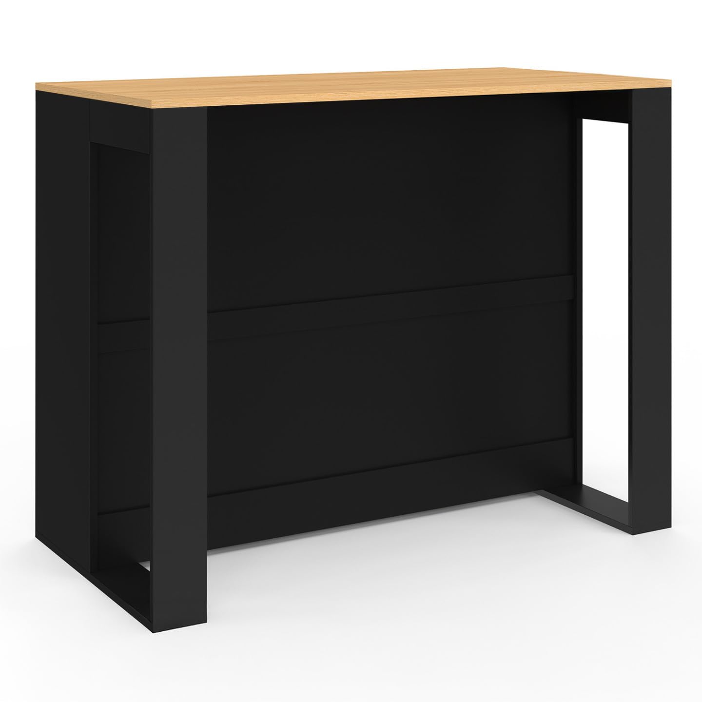 IDMarket - Table de Bar îlot VITO 113 cm avec Range Bouteilles Bois Noir et Plateau façon hêtre