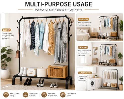 Image of Metal Multifunctional Heavy-Duty Quality Garment Stand Cloth Rack Freestanding Storage Organizer with Bottom Shelves Adjustable Folding Single Pole for Living Room