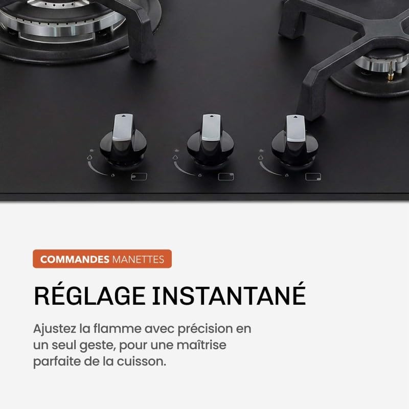 BELDEKO Plaque Gaz 3 Feux 6200W Noir Mat Grilles Fonte - Marque Française