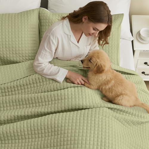 Image of Wonderful 2 Piece Waffle Weave Quilt Set Twin Size, Sage Lightweight Bedspread Coverlet for All Season, Ultra Soft Microfiber Bedding Set with Pillow Sham, Waffle Pattern Quilted Design 68 inchx86 inch | Breathable & Cozy