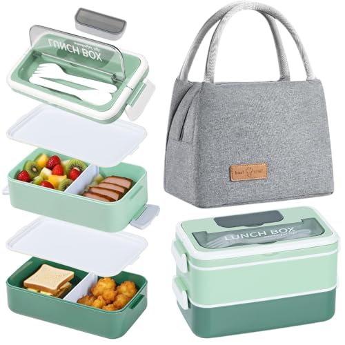 Aiuuee Porta Pranzo Set, 1600 ml 2 Strati Lunch Box con Posate e Borsa Frigo, Ermetico Schiscetta Pranzo per Microonde e Lavastoviglie, Bento Box per Adatto Lavoro Picnic Ufficio (Verde)