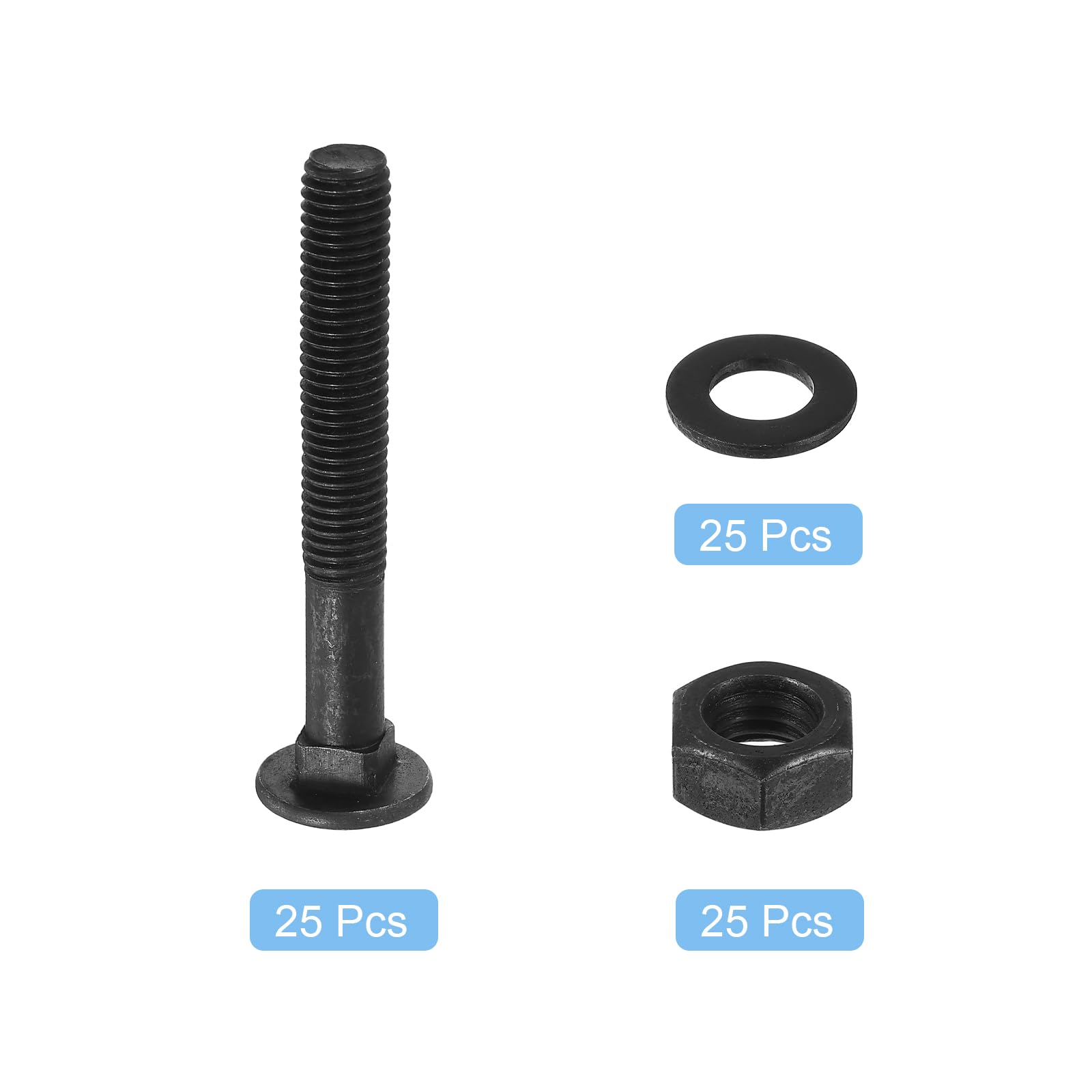 QUARKZMAN Kit Bullone Carrozza M10 x 70mm, 25 Set Viti Testa Rotonda Collo Quadrato, Set Viti Carrozza Include Rondelle e Dadi - Acciaio Carbonio Nero Ossidato per Fissaggio Accessori