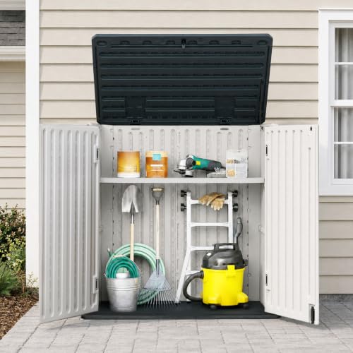Image of EHHLY 35 Cuft Outdoor Storage Shed with 2 Shelves, Outside Storage Cabinet Waterproof with 2 Doors, Large Capacity Horizontal Garden Tool Sheds for Bike, Trash, Lawn Mower and Tools