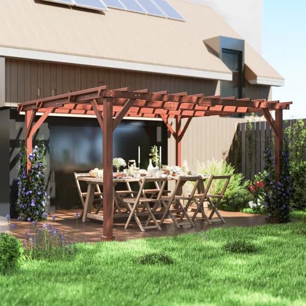 Outdoor Wooden Pergola, Fir Wood, Brown, 150.4" L x 128.7" W x 83.9" H, Rectangular, Traditional Style, Waterproof, 4x4 Posts