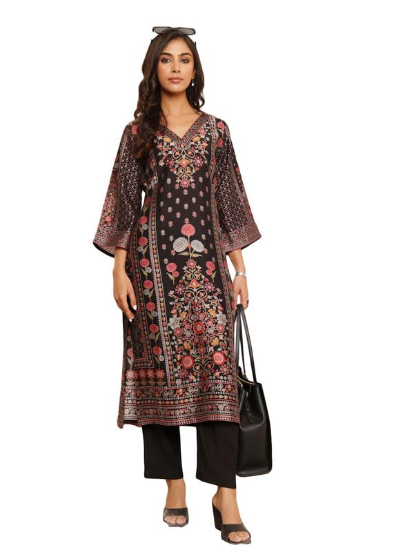 Varanga Women Black Floral Printed Kurta With Solid Trouser  Comfortable Cotton Set For Casual Outings, Versatile Design For All Occasions, Stylish And Relaxed Fit For All Body Types (Medium)