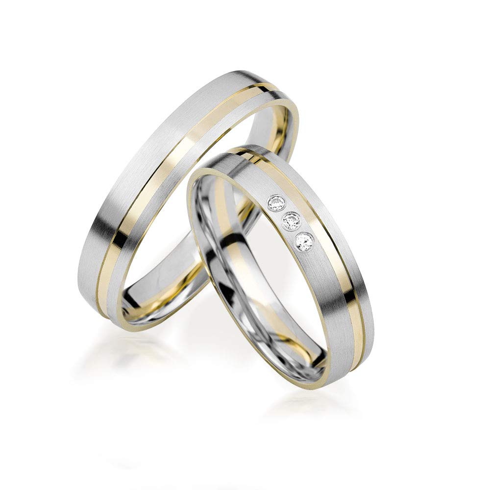 JC Trauringe Gold Paarpreis Bicolor Gelbgold Weißgold I Eheringe breit 4 mm I Edle Partnerringe mit Gravur in edler Schatulle I 2 Hochzeitsringe Herrenring ohne & Damenring mit Steinen I J184