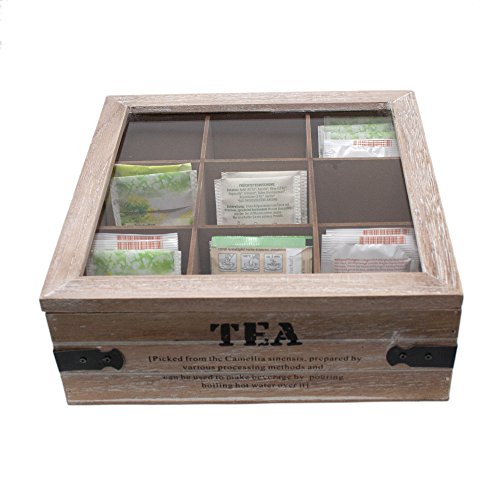 ToCi – Caja de té grandes, 24 x 24 x 8,5 cm (l x an x al), con 9 compartimentos para bolsas de té, caja de madera con tapa, diseño retro - Imagen 5
