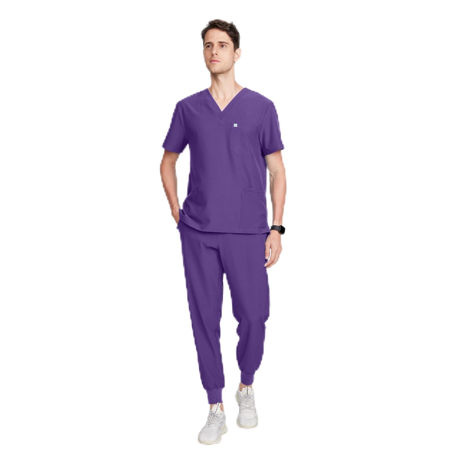size S Uniforms World Louis Scrubs Set for Men — Classic V-Neck Stretch Top & Jogger Pants Yoga Waistband, 8 Pockets