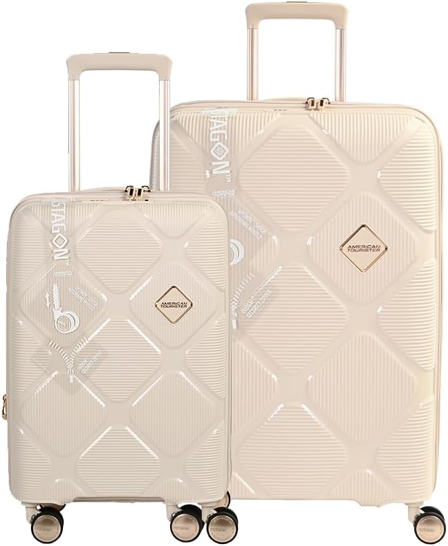 Instagon Suitcase, 2pc Set (55 + 69 cm), 4 Double Wheels, Hard Top, Polypropylene, Cream|Security Zipper|TSA 008|Shock Absorbing Wheels|Expandable - 3 Years International Warranty
