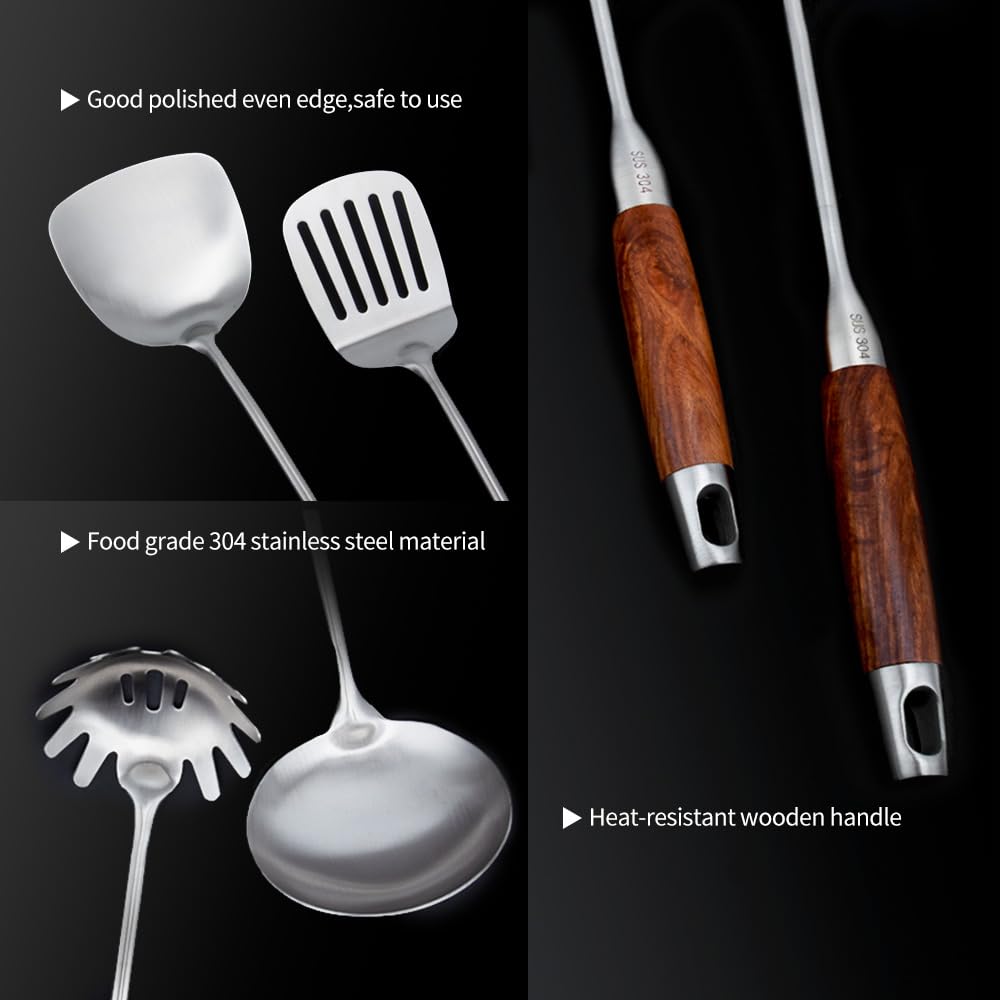 VALESKA Juego de utensilios de cocina con mango de madera, juego de 6 utensilios de acero inoxidable, juego de utensilios de cocina de metal, antiadherentes y resistentes al calor