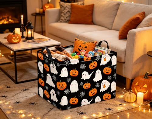 Image of Rectangular Halloween Basket for Boys and Girls Kids Trick or Treat Pumpkin Basket for Halloween Parties Cute Storage Bin Organizer Box Room Decor(Spider Web Ghost)