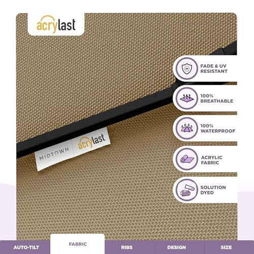 Image of Midtown Umbrellas - The Lean 10 Ft Patio Umbrella with 10-Year-No-Fade Acrylast Acrylic Fabric, Auto-Tilt and 8 Reinforced Ribs for Deck, Pool, Garden, Hotel & Cafes - Sahara Canopy, Black Pole