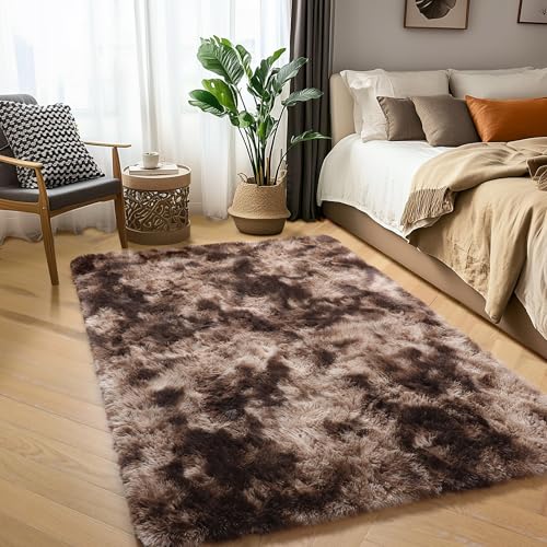 Amdrebio Tie-Dyed Brown Rugs for Bedroom Living Room, 5x7 Fluffy Shaggy Plush Area Rugs for Kids Room Decor Aesthetic, Fuzzy Furry Floor Thick Carpet for Classroom Playroom Preppy Dorm Baby Nursery