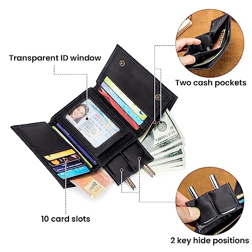 BAIGIO Men Wallet with Chain Genuine Leather Wallet for Men RFID Blocking Trifold Wallet Father's Gift3