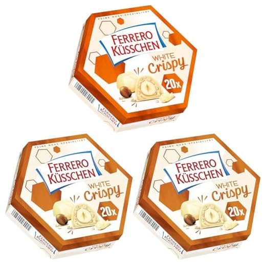 Ferrero Küsschen White Crispy – Knackig geröstete Haselnuss in heller Creme mit knusprigen Crispies, umhüllt von weißer Schokolade – 1 Packung à 20 Einzelpralinen (Packung mit 3)