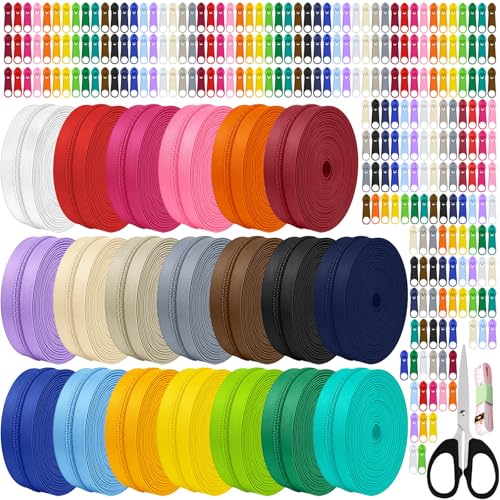 80 Yards 20 Pcs Sewing Colors Zippers Bulk #3 Nylon Coil Assorted Lengths Sewing Zipper with 200Pcs Pull Heads for DIY Sewing Bag Pack Crafts Zipper Tape for Clothes Purse Making Supplies Kit