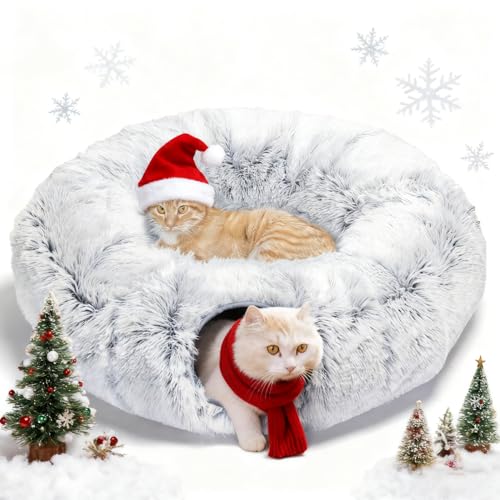 Nobleza Katzentunnel mit Katzenbett, Faltbarer Spieltunnel für Katzen mit 2 Eingängen & Spielzeugball, Verstellbar in 3 Formen (Rund, S, Doppel),...