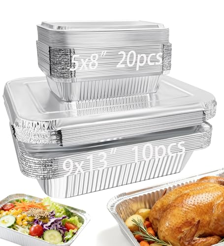Notwoe 30pc Disposable Aluminum Pans With Lids 9x13 (10pc) And 8.2x5.7 Rectangle (20pc) Combo Set Disposable Baking and Cake Pan. (30)