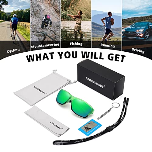 Storycoast Polarized Sports Sunglasses For Men Women Unbreakable Frame Cycling Fishing Driving Green Black Gradient Frame-Green Mirror Lens #TOP6