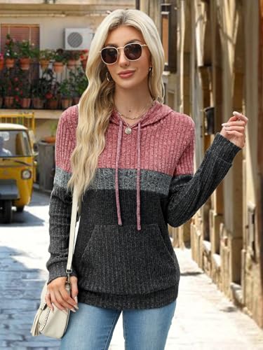 MixShe Women’s Color Block Knit Hoodie – Casual Long Sleeve Pullover Sweater Tops with Pocket
