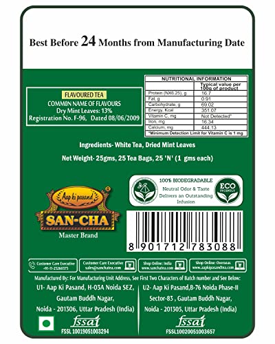Image of Sancha Tea Boutique, Moroccan Mint White Tea, 25 Pyramid Bags, Rich in Antioxidants, Spearmint Blend, Silver Needles, Supports fight against PCOS /PCOD