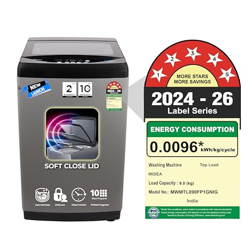 Image of Midea 9kg 5-Star Top Load | Fully Auto | Soft Close Glass Lid | Hydrowave Stainless Tub | 10 Wash Programs | Auto Drum Clean | Magic Filter | Child Lock | Delay Wash | Inox Grey | MWMTL090FP1GNIG