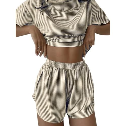 Kistore Summer 2 Piece Pajamas Sets Short Sleeve Sleepwear Pjs Lounge Split Short Sets A-apricot Black Striped X-Large