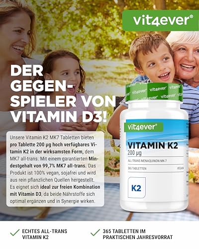Vitamin K2 MK7-365 Tabletten - 200 µg pro Tablette - All-trans Gehalt >99,7% MK-7 Menaquinon - Hochdosiert - Ohne unerwünschte Zusätze- Vegan – Bild 3