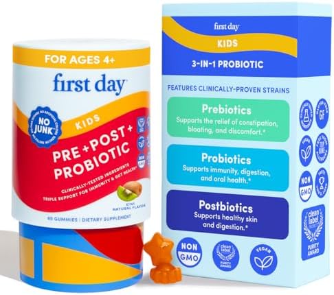 FIRST DAY Kids 3-in-1 Probiotic Gummies – Prebiotic + Probiotic + Postbiotic Supplement – Supports Digestive & Oral Health, Immune Function & Energy Levels – 30-Day Supply