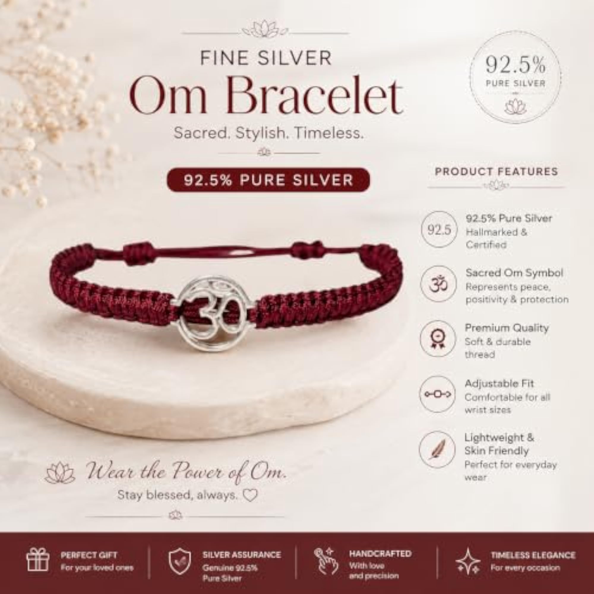 925 Pure Fine Silver OM Charm Bracelet, Spiritual Gift