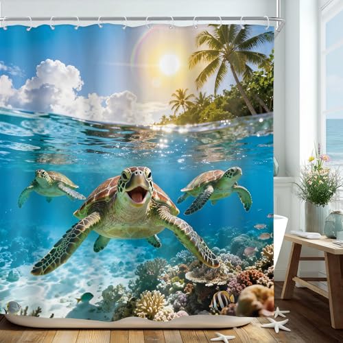 Riyidecor Funny Sea Turtle Shower Curtain 72Wx72H Inch Summer Ocean Underwater Tropical Coral Scenery Coastal Seaside Sunshine Palm Tree Hawaii Bathroom Decor Fabric Polyester Waterproof 12 Pack Hooks