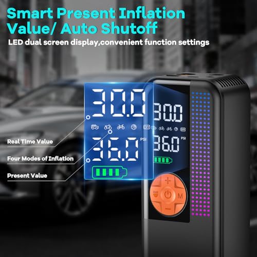 Image of WEOLULI Tire Inflator Portable Air Compressor,150 PSI Cordless Air Pump, 12V DC Car Plug,Dual Power 10000mAh, Fast Inflation 24L /Min, 4 Preset Modes for Car, Bike, Motorcycle, Balls(Orange, 10000mAh)