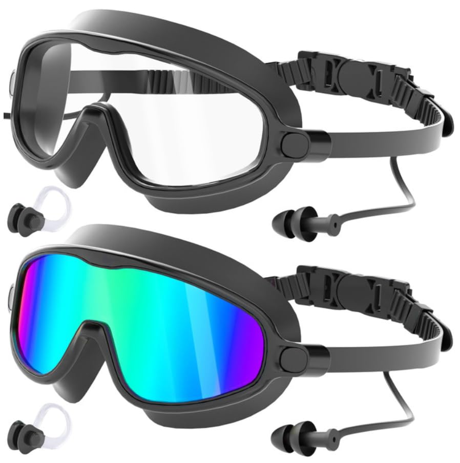 COOLOO Schwimmbrille für Herren Damen 2 Stück, Weitblick Schwimmbrille Erwachsene ohne Leckage mit Ohrstöpseln, Anti-Beschlag & Anti-UV Taucherbrille für Jugendliche