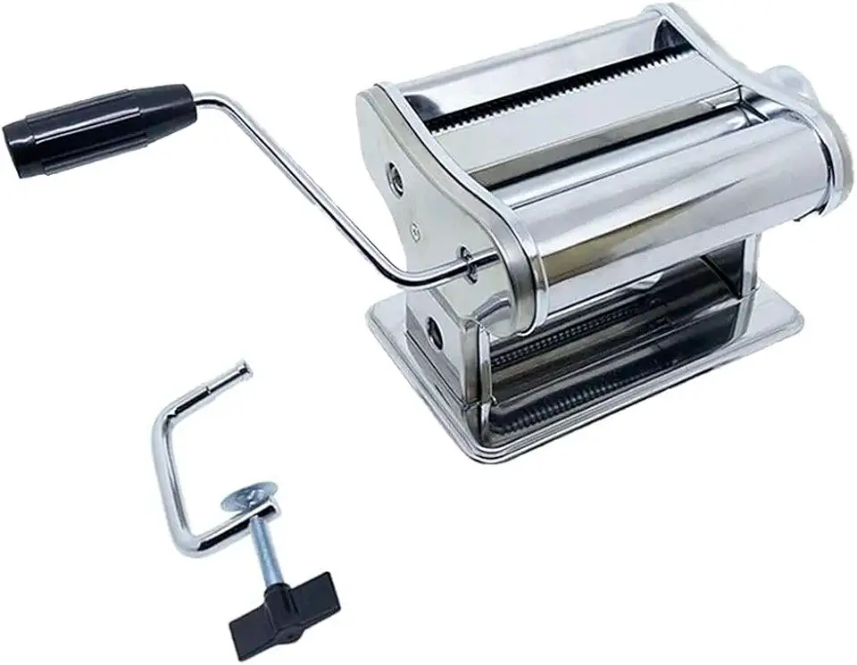Máquina de Macarrão Manual com Cilindro de Aço Inox, para Massa Caseira e Espaguete, com Manivela e Fixador de Mesa
