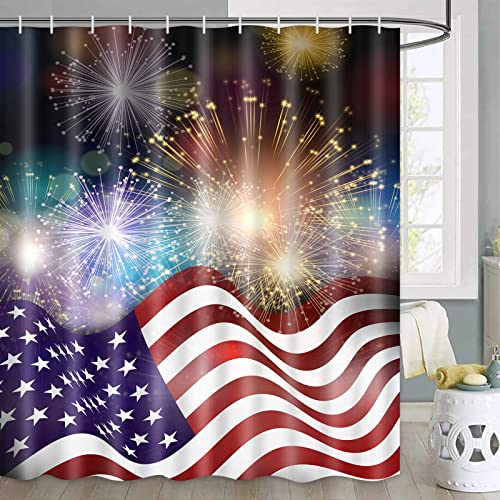 Ikfashoni 4 Pcs American Flag Shower Curtain Set With Non-Slip Rugs, Toilet Lid Cover And Bath Mat, 4Th Of July Shower Curtain With 12 Hooks, Independence Day Fireworks Shower Curtains For Bathroom #TOP3