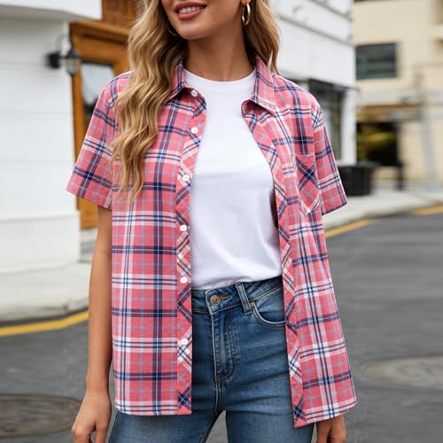 Image of SANGTREE Girls and Women Plaid Shirt Short Sleeve Button Down Summer Blouses Tops