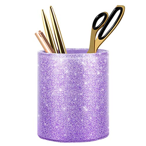 Image of Pen Holder for Women Girls, Pencil Cup Desk Glitter Sturdy Makeup Brush Holder Large Pu Leather Luxury Multi-Functional Organizer Cup for Office, Classroom, Home, Purple