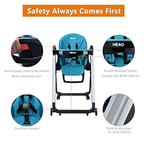 Heao Baby High Chair Convertible To Toddler Chair,Reclining Highchair With 7 Heights 4 Wheels,Foldable Space Saving Blue #TOP1