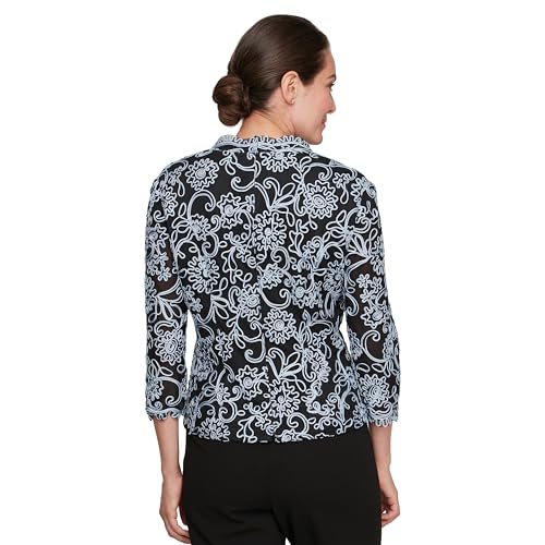 Image of Alex Evenings Women's Stretch Embroidered Formal Event Blouse With Center Front Scallop Detail and Illusion Sleeves