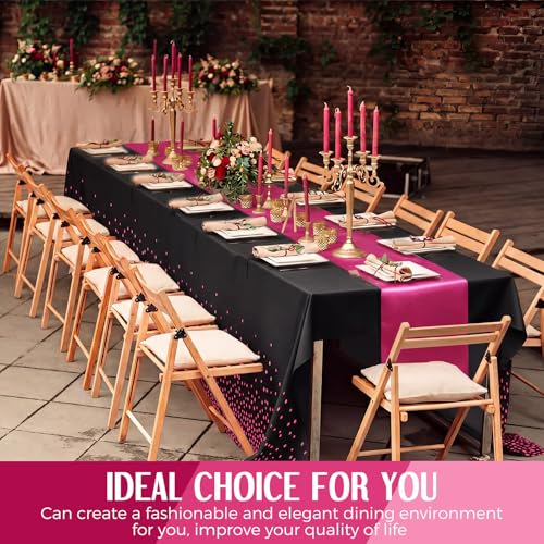 Image of Breling 12 Pack Black and Hot Pink Disposable Plastic Tablecloths and Satin Table Runner Set, 54 x 108 Inch Tablecloth, 12 x 108 Inch Table Runners for Wedding Graduation Birthday Baby Shower
