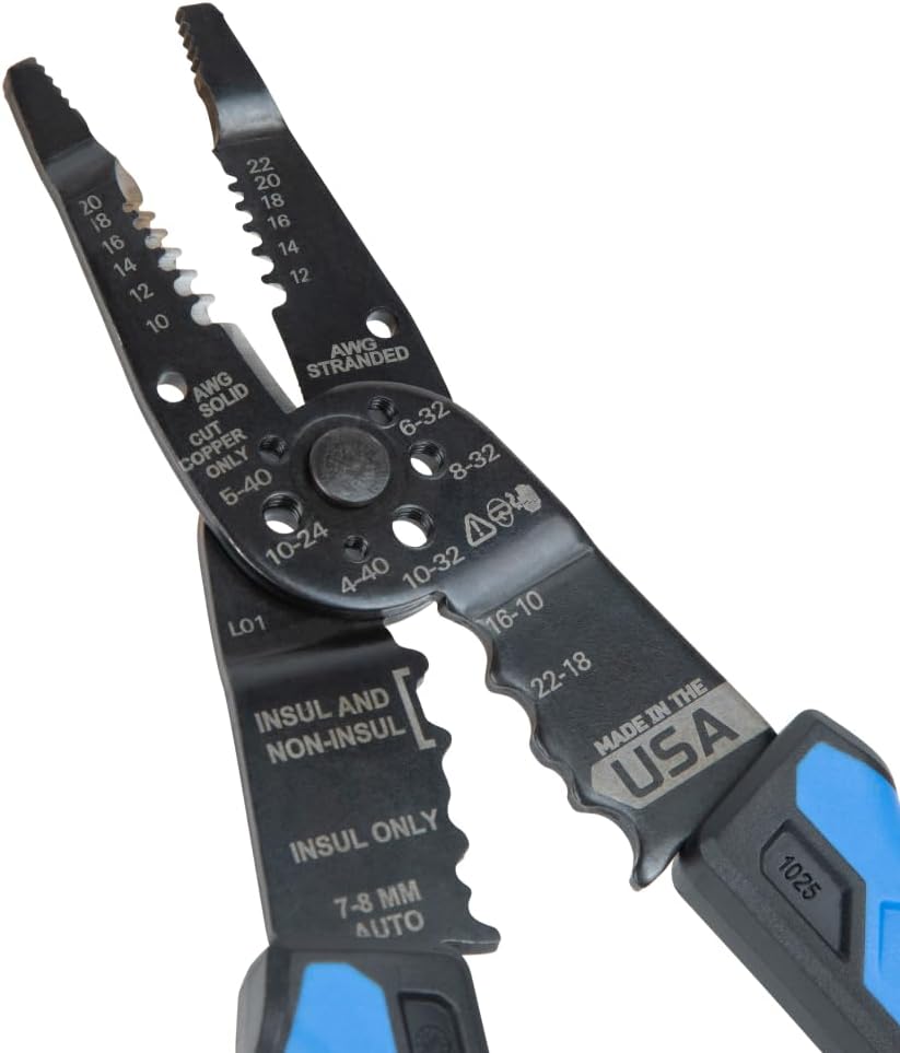 Klein Tools 1025 Long Nose Multi-Purpose Wire Stripper, Made in USA Professional Electrician Tools, Crimping Tool, Cable Stripper for 10-20 AWG Solid, 12-22 AWG Stranded Wire