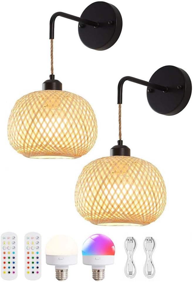 Rattan Wall Sconce Boho Wireless Wall Lamp Rechargeable Battery Operated Wall Lights Bamboo Cordless Sconce Wall Remote Control RGB Dimmable Lamp Round Vintage Decor Light Living Black 2 Stück