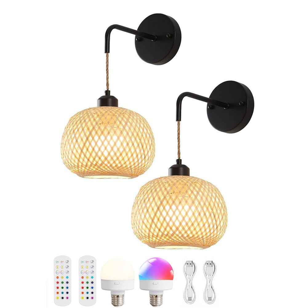Rattan Wall Sconce Boho Wireless Wall Lamp Rechargeable Battery Operated Wall Lights Bamboo Cordless Sconce Wall Remote Control RGB Dimmable Lamp Round Vintage Decor Light Living Black 2 Stück