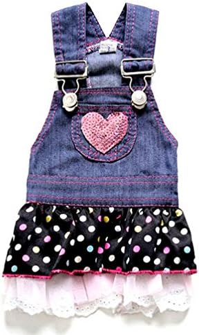 SELMAI Dog Costumes Dress Rompers Denim Jumpsuit for Small Puppies Pet Cats Princess Jean Clothes with Pocket Bib Outfits Pleated Tiered Skirt Polka Dots Heart Sequins for Summer L
