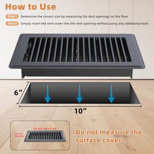 Image of 6 x 10 Floor Register, Gray Heavy-Duty Steel Vent Covers for Home Floor with Adjustable Airflow Control Lever, Easy Installation and Quiet Operation for HVAC Systems - 4 Pack